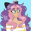 marysue_thesparkle: A pale person with fluffy pink & purple hair on a blue background. It's looking away from the viewer. (sona!)